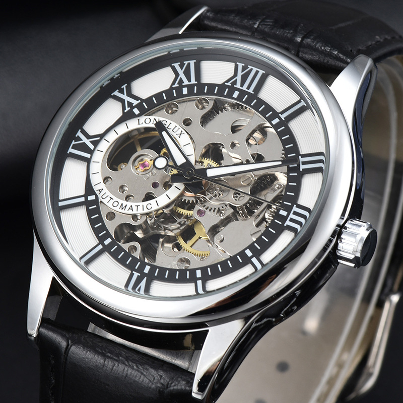 Muški mehanički sat s rimskim brojkama, promjer 41 mm, vodootporan, kožni remen od lažne kože, metalno kućište, model 8020LM