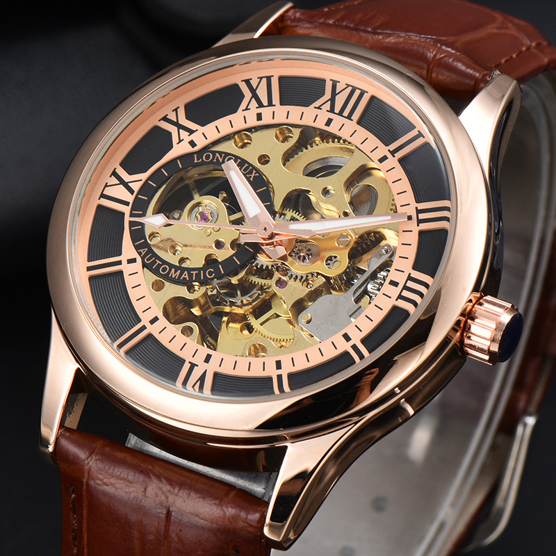 Muški mehanički sat s rimskim brojkama, promjer 41 mm, vodootporan, kožni remen od lažne kože, metalno kućište, model 8020LM
