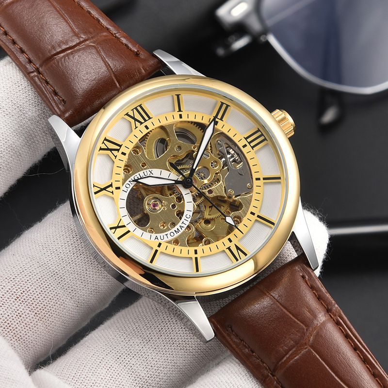 Muški mehanički sat s rimskim brojkama, promjer 41 mm, vodootporan, kožni remen od lažne kože, metalno kućište, model 8020LM