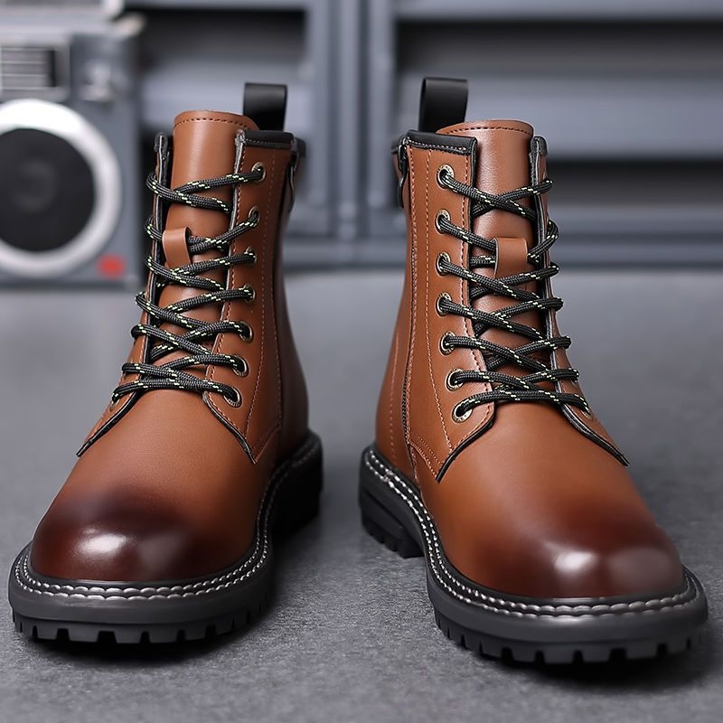 Ghete Martin pentru bărbați din piele split, talpă din cauciuc, căptușeală fleece/velur, fermoar lateral, model de iarnă