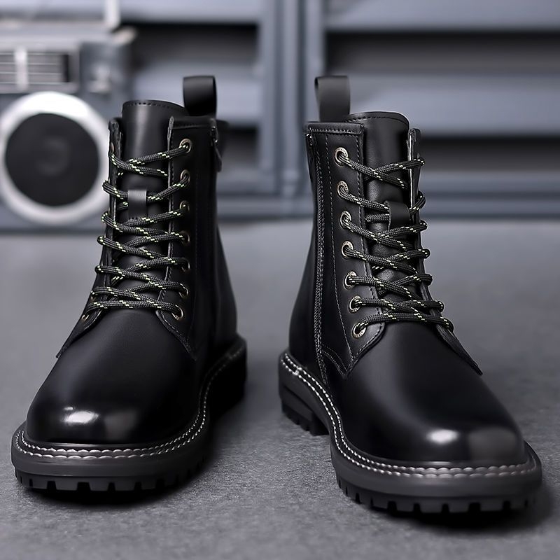 Ghete Martin pentru bărbați din piele split, talpă din cauciuc, căptușeală fleece/velur, fermoar lateral, model de iarnă