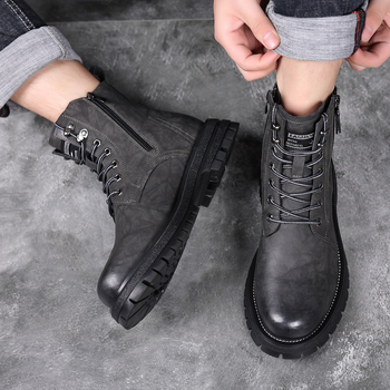 Ghete Martin pentru bărbați, înalte, stil britanic, căptușite cu fleece, partea superioară din split leather, talpă din cauciuc