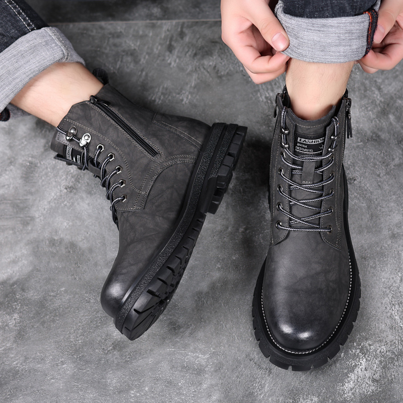 Ghete Martin pentru bărbați, înalte, stil britanic, căptușite cu fleece, partea superioară din split leather, talpă din cauciuc