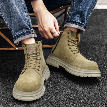 Martin ботуши за мъже, връх от телешки замш, гумена подметка, нисък дебел ток 1-3 cm, страничен цип, есен