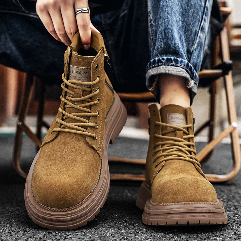 Martin ботуши за мъже, връх от телешки замш, гумена подметка, нисък дебел ток 1-3 cm, страничен цип, есен