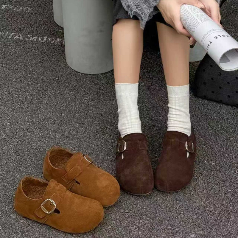 Női Birkenstock-stílusú loafer nubuk bőrszövet, plüss belső, Velcro-zárás, gumi talp, 3–5 cm magasság növelés