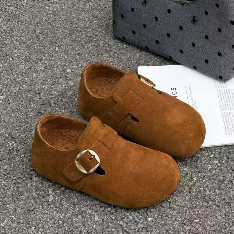 Női Birkenstock-stílusú loafer nubuk bőrszövet, plüss belső, Velcro-zárás, gumi talp, 3–5 cm magasság növelés