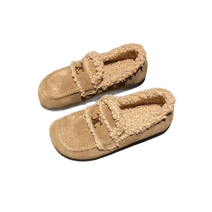 Pantofi slip-on femei pluș pentru iarnă, toc redus 1–3 cm, vârf rotund, branț din lână de oaie, talpă din tendon de vită