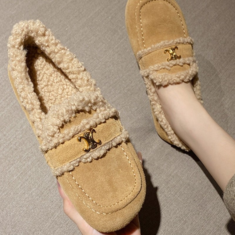 Pantofi slip-on femei pluș pentru iarnă, toc redus 1–3 cm, vârf rotund, branț din lână de oaie, talpă din tendon de vită