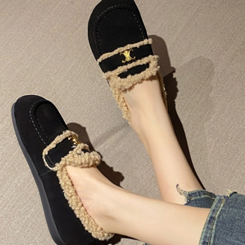 Pantofi slip-on femei pluș pentru iarnă, toc redus 1–3 cm, vârf rotund, branț din lână de oaie, talpă din tendon de vită