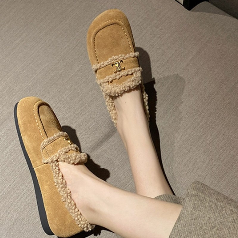 Pantofi slip-on femei pluș pentru iarnă, toc redus 1–3 cm, vârf rotund, branț din lână de oaie, talpă din tendon de vită