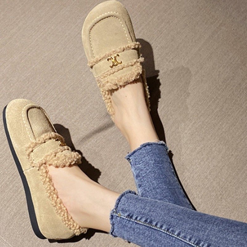 Pantofi slip-on femei pluș pentru iarnă, toc redus 1–3 cm, vârf rotund, branț din lână de oaie, talpă din tendon de vită