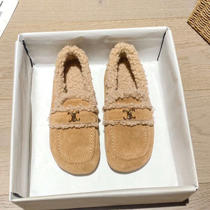 Pantofi slip-on femei pluș pentru iarnă, toc redus 1–3 cm, vârf rotund, branț din lână de oaie, talpă din tendon de vită