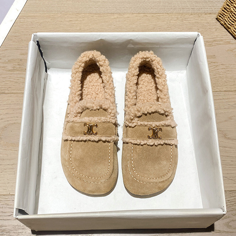 Pantofi slip-on femei pluș pentru iarnă, toc redus 1–3 cm, vârf rotund, branț din lână de oaie, talpă din tendon de vită