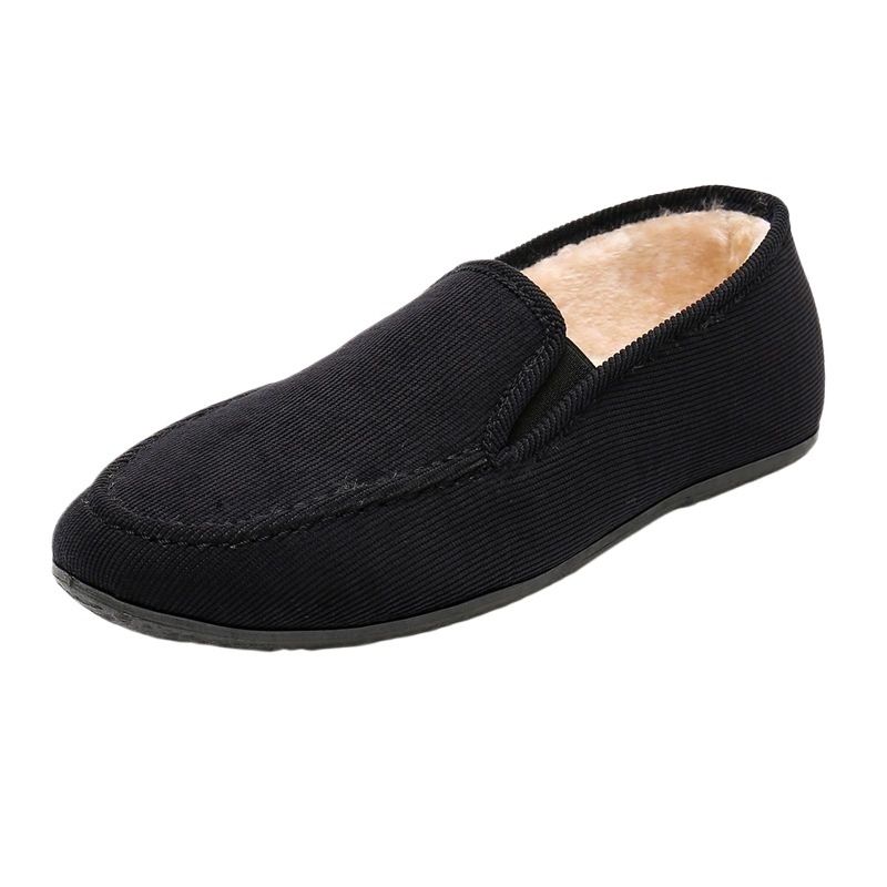 Pánske zimné slip-on mokasíny s fleecovou podšívkou, vrchný materiál bavlna, špičatý nos, gumová podrážka