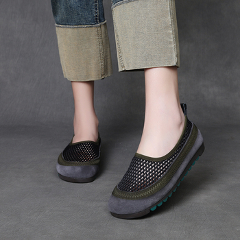 Loafers din plasă pentru femei – vârf rotund, partea superioară respirabilă din plasă, fără șireturi, talpă din cauciuc, branț din piele de porc