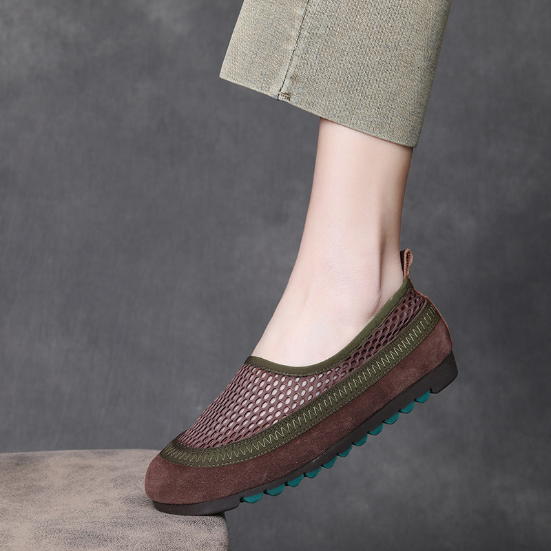 Loafers din plasă pentru femei – vârf rotund, partea superioară respirabilă din plasă, fără șireturi, talpă din cauciuc, branț din piele de porc