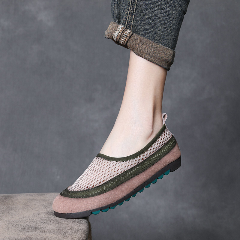 Loafers din plasă pentru femei – vârf rotund, partea superioară respirabilă din plasă, fără șireturi, talpă din cauciuc, branț din piele de porc