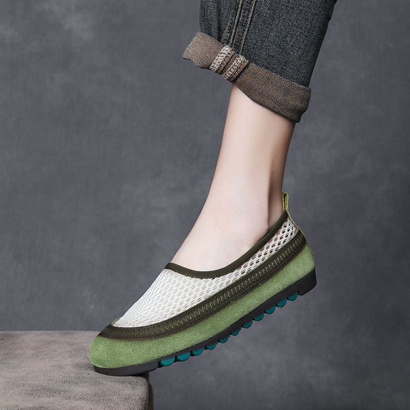 Loafers din plasă pentru femei – vârf rotund, partea superioară respirabilă din plasă, fără șireturi, talpă din cauciuc, branț din piele de porc