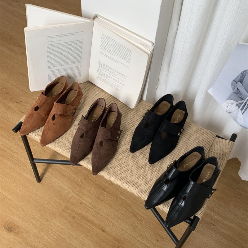 Moterų bateliai su aštriu pirštu, viršutinė medžiaga: superfibra, žemas plokščias kulnas, PU pada, vidpadis mikropluošto