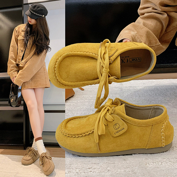 Ženski nubuk loafers s prednjim vezivanjem, zaobljen vrh, gumeni potplat, PU uložak, visina potpetice 3–5 cm