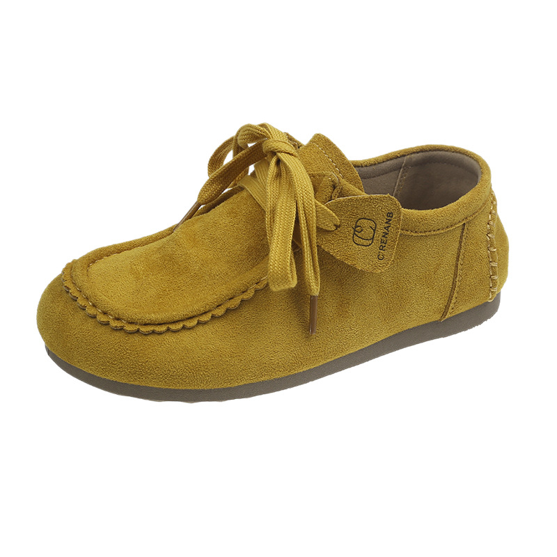 Ženski nubuk loafers s prednjim vezivanjem, zaobljen vrh, gumeni potplat, PU uložak, visina potpetice 3–5 cm