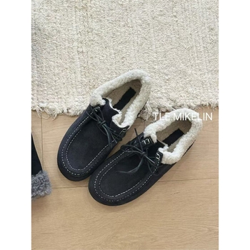 Ženske kožne loaferice s plišanim podstavom, vezanje, gumeni potplat, peta 3-5 cm