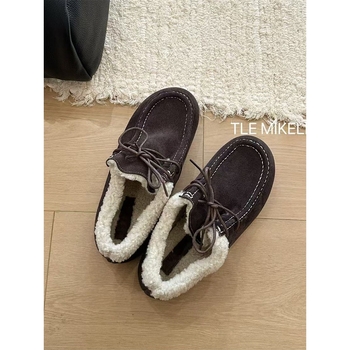 Ženske kožne loaferice s plišanim podstavom, vezanje, gumeni potplat, peta 3-5 cm