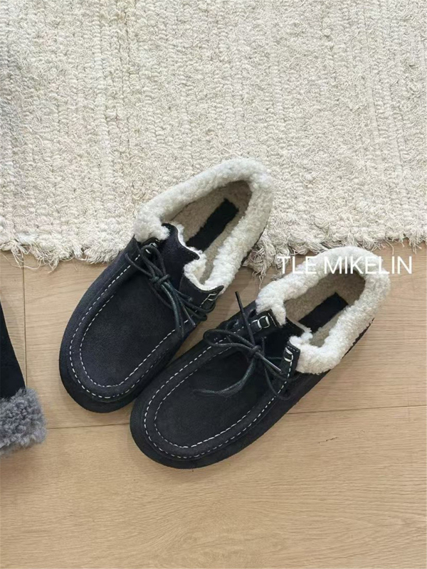 Ženske kožne loaferice s plišanim podstavom, vezanje, gumeni potplat, peta 3-5 cm