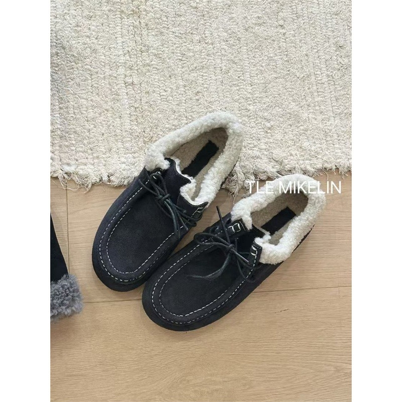 Ženske kožne loaferice s plišanim podstavom, vezanje, gumeni potplat, peta 3-5 cm