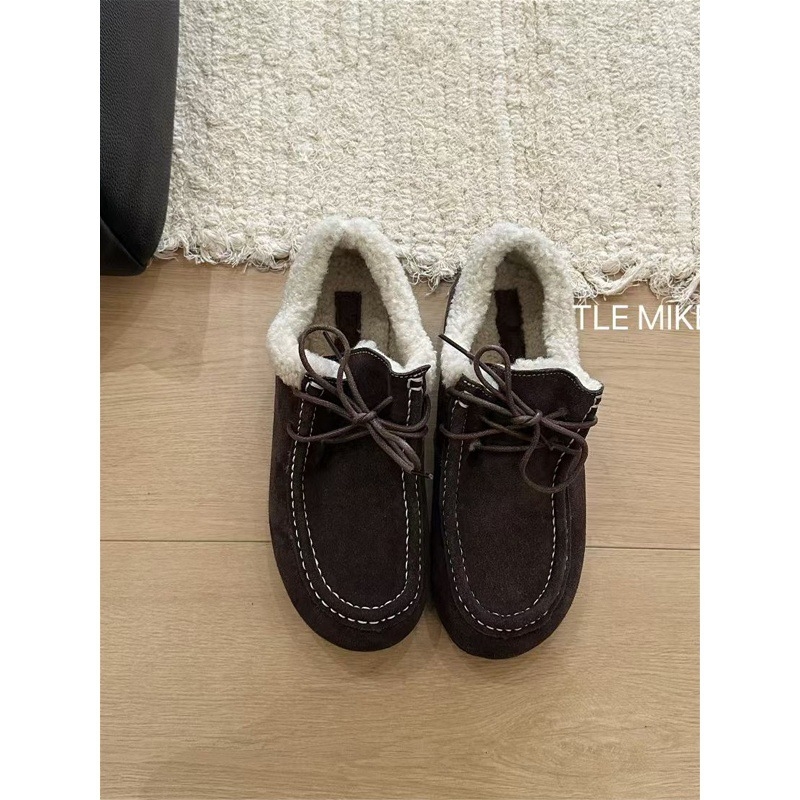 Ženske kožne loaferice s plišanim podstavom, vezanje, gumeni potplat, peta 3-5 cm