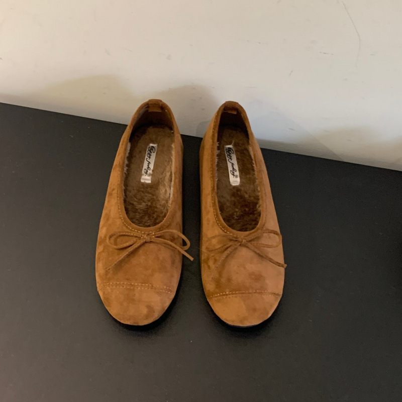 Moterų velūro balerinos su apvaliu priekiniu, žemas kulnas, vidinis dirbtinio trumpų pūkų įdėklas