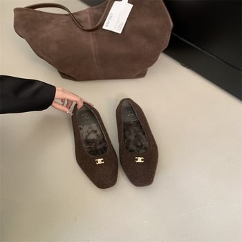 Ženske mokasine od nubuka s umjetnim plišem, kvadratni nos, korejski stil, srednje visina potpetice 3-5 cm