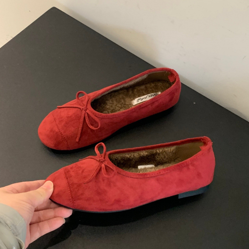 Moteriškos velūro balerinas su apvaliu pirštu, žemas kulnas, pliušinis vidus, gumos padas, ruduo–žiema, Korėjos stilius