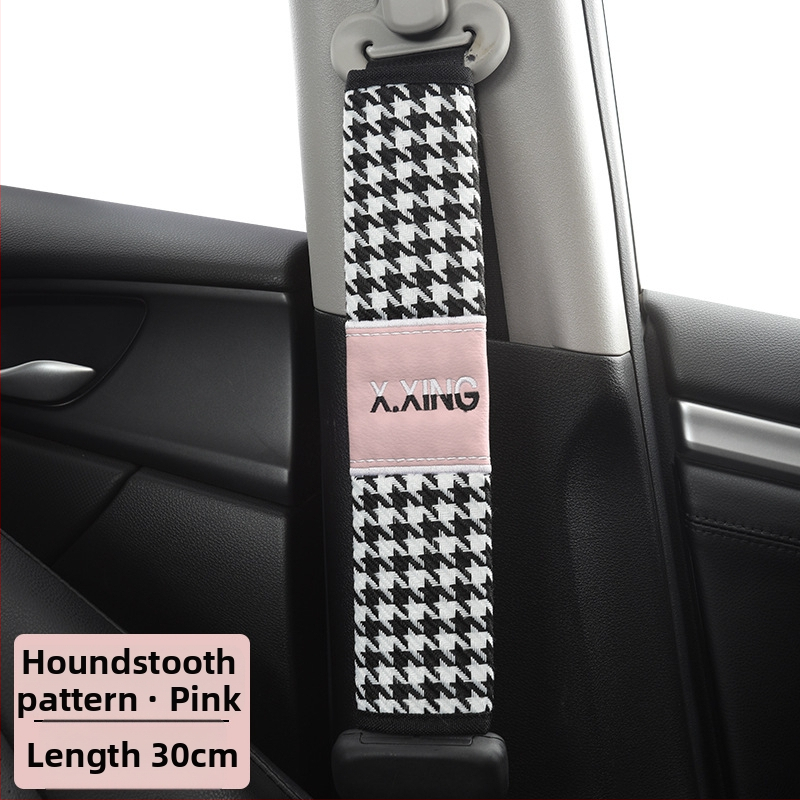 Automobiļa drošības jostas plecu pārvalks ar haundstooth rakstu, garāks, paredzēts automobiļiem un kravas automobiļiem, zīmols red chrysanthemum, pielāgojams.