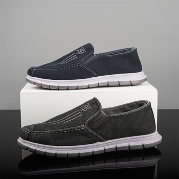 Vīriešu kanvas slip-on kurpes, apaļa purns, zems augšējais, plakana papēža, injekcijas zole, tekstila iekšdaļa