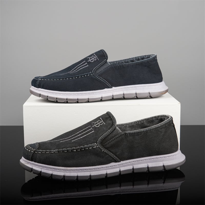 Vīriešu kanvas slip-on kurpes, apaļa purns, zems augšējais, plakana papēža, injekcijas zole, tekstila iekšdaļa