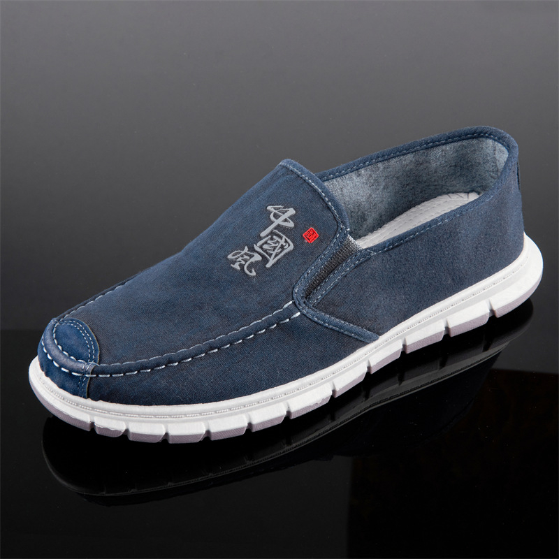 Vīriešu kanvas slip-on kurpes, apaļa purns, zems augšējais, plakana papēža, injekcijas zole, tekstila iekšdaļa