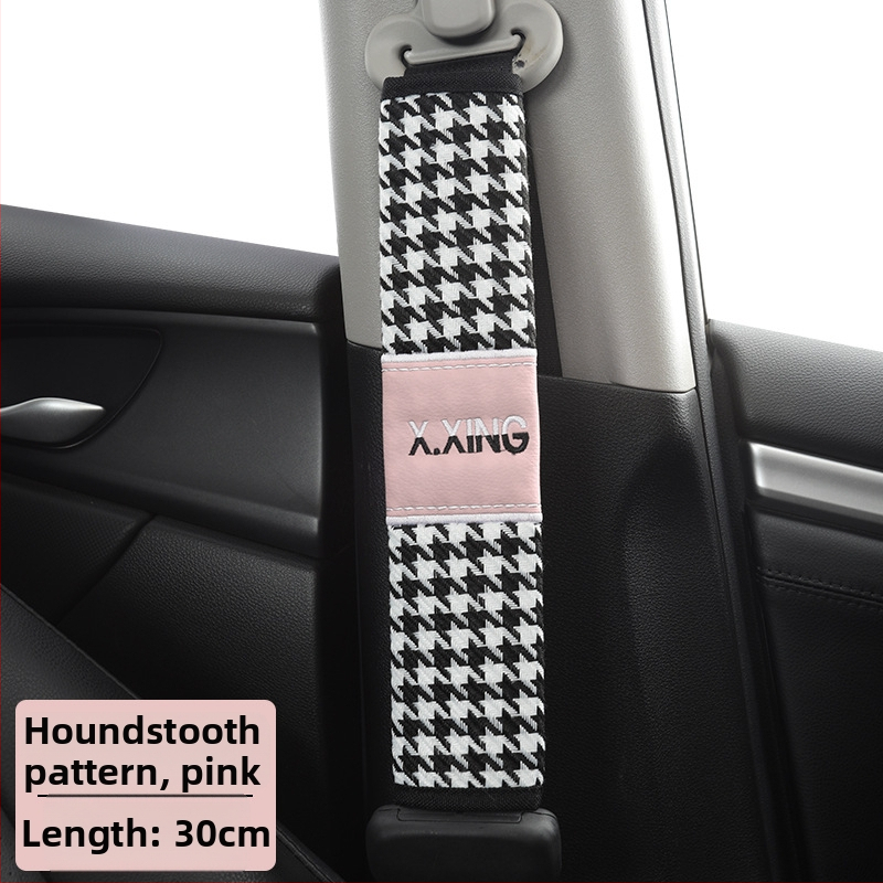 Automobiļa drošības jostas plecu pārvalks ar haundstooth rakstu, garāks, paredzēts automobiļiem un kravas automobiļiem, zīmols red chrysanthemum, pielāgojams.