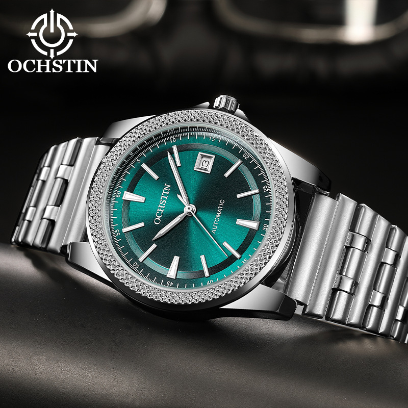 Férfiak számára teljesen automata mechanikus óra, rozsdamentes acél szíjjal, naptár, sötétben világító, 30 m vízállóság