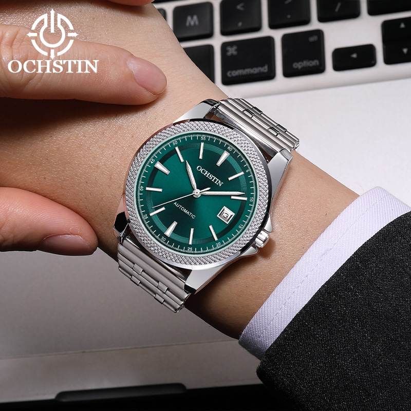 Férfiak számára teljesen automata mechanikus óra, rozsdamentes acél szíjjal, naptár, sötétben világító, 30 m vízállóság