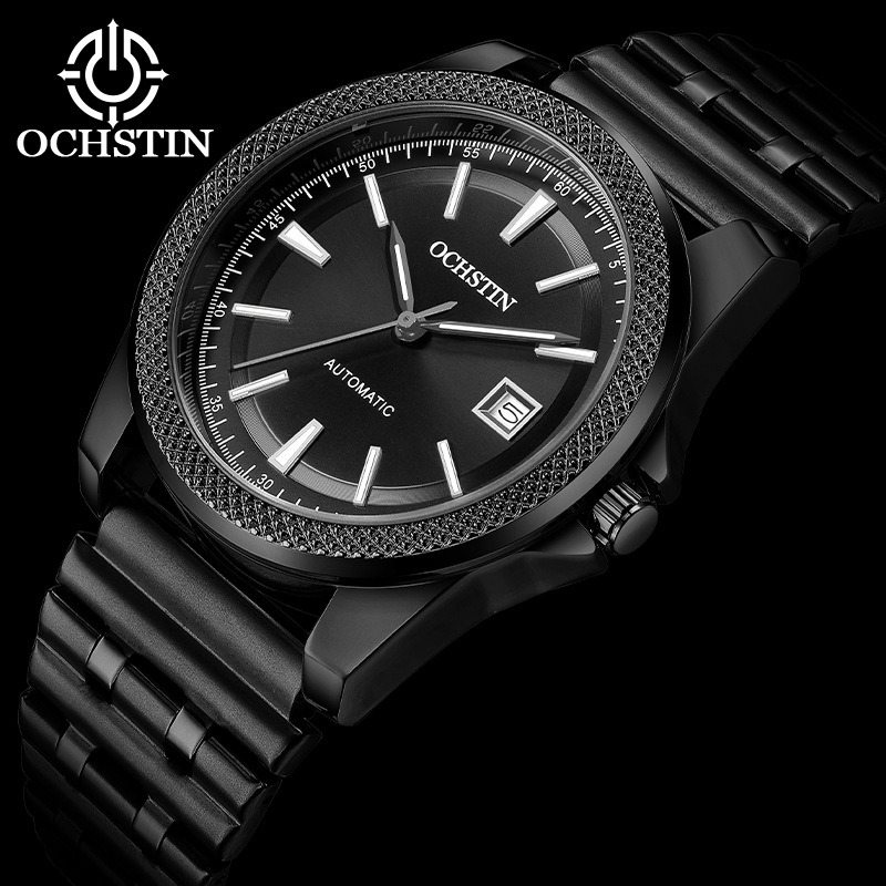 Férfiak számára teljesen automata mechanikus óra, rozsdamentes acél szíjjal, naptár, sötétben világító, 30 m vízállóság