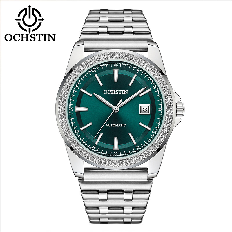 Férfiak számára teljesen automata mechanikus óra, rozsdamentes acél szíjjal, naptár, sötétben világító, 30 m vízállóság