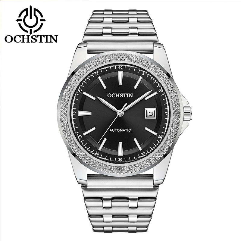 Férfiak számára teljesen automata mechanikus óra, rozsdamentes acél szíjjal, naptár, sötétben világító, 30 m vízállóság