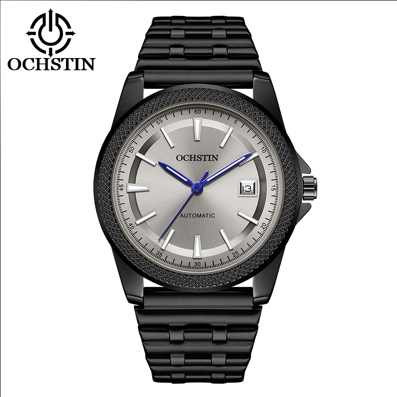 Férfiak számára teljesen automata mechanikus óra, rozsdamentes acél szíjjal, naptár, sötétben világító, 30 m vízállóság