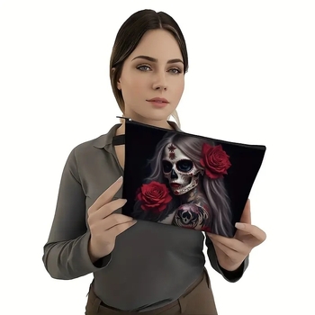 Чанта за козметика и тоалетни принадлежности със Skull Flower мотив, голям капацитет, преносима, изработена от полиестер