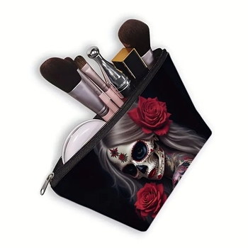 Чанта за козметика и тоалетни принадлежности със Skull Flower мотив, голям капацитет, преносима, изработена от полиестер