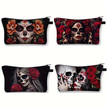 Чанта за козметика и тоалетни принадлежности със Skull Flower мотив, голям капацитет, преносима, изработена от полиестер