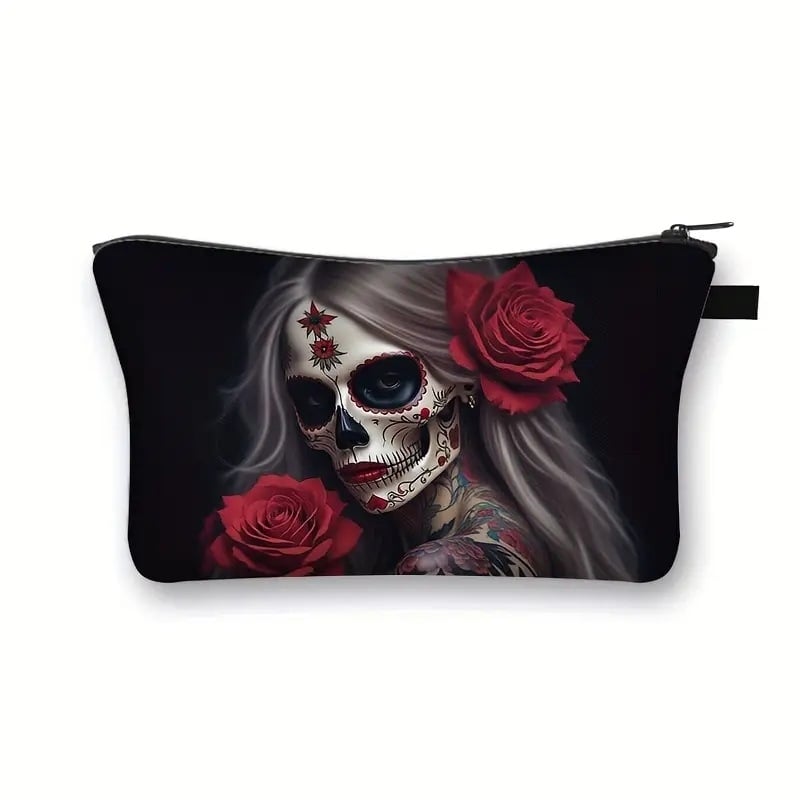 Чанта за козметика и тоалетни принадлежности със Skull Flower мотив, голям капацитет, преносима, изработена от полиестер