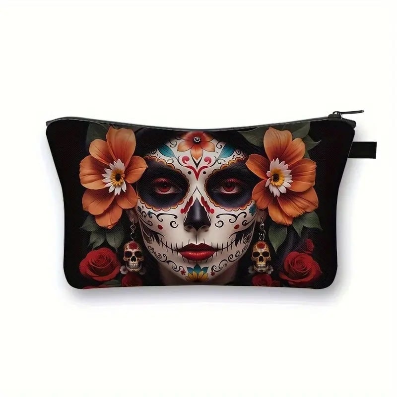 Чанта за козметика и тоалетни принадлежности със Skull Flower мотив, голям капацитет, преносима, изработена от полиестер